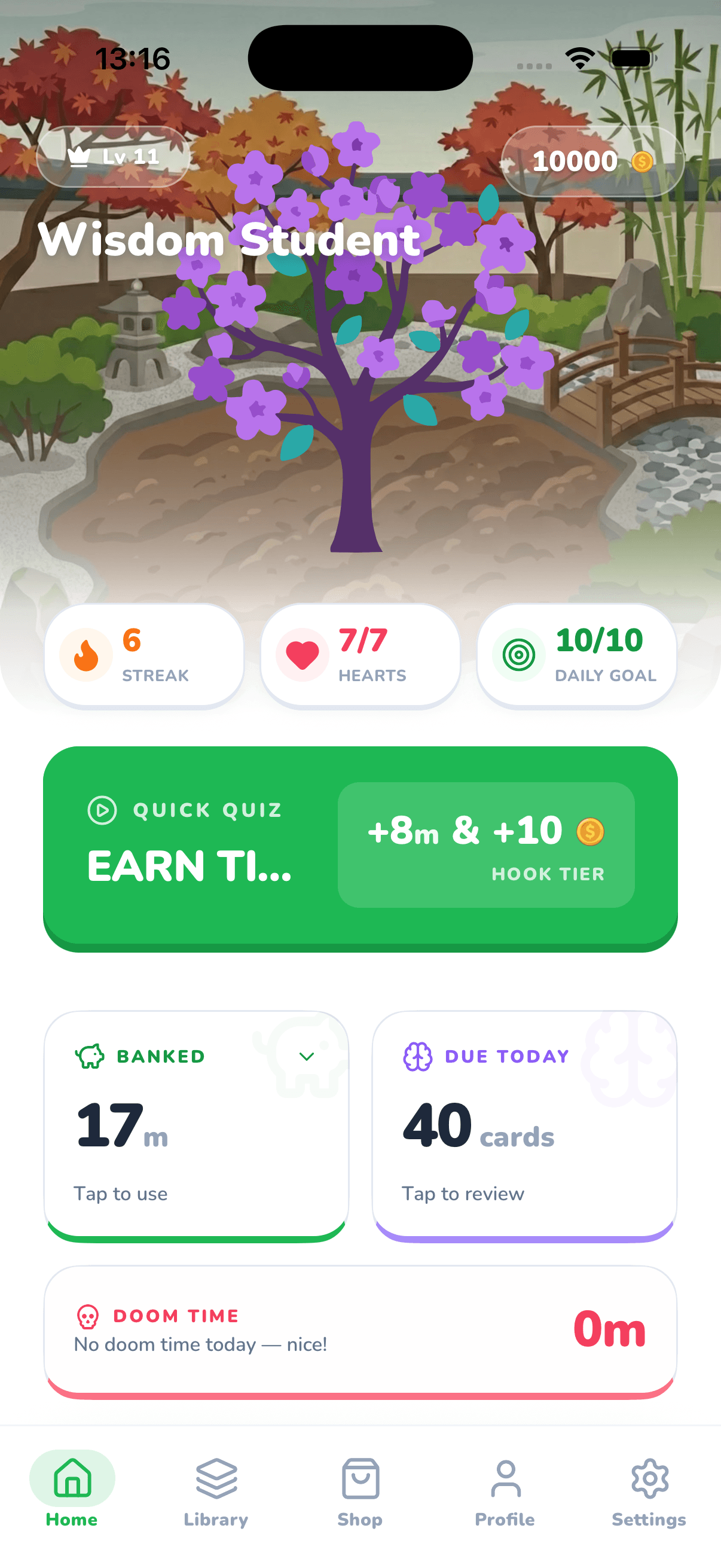 LockLeaf home screen showing the wisdom tree, streak, hearts, daily goal, quick quiz reward, banked minutes, due today cards, and doom time summary.